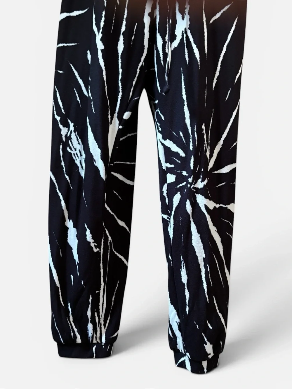 Black White Abstract Chic One Piece Jogger Jumpsuit Short Sleeves Pockets XL